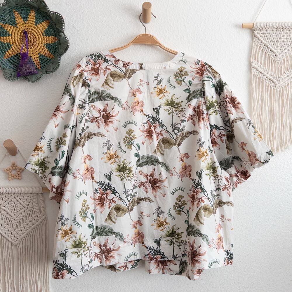 Anthropologie White Botanical Print V-Neck Puff Sleeves Size Plus 3X - Picture 3 of 9